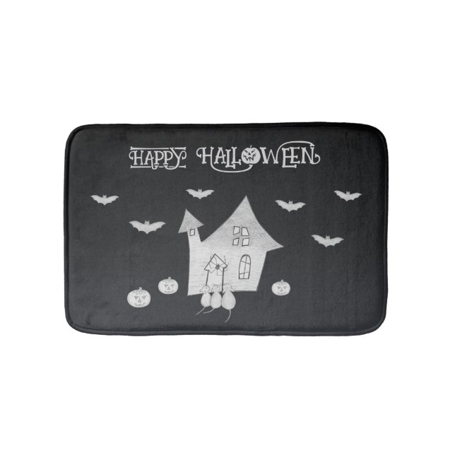 Halloween night with Haunted House, Bats, Pumpkins Bath Mat (Front)