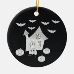 Halloween night with Haunted House, Bats, Pumpkins Ceramic Tree Decoration