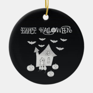 Halloween night with Haunted House, Bats, Pumpkins Ceramic Tree Decoration