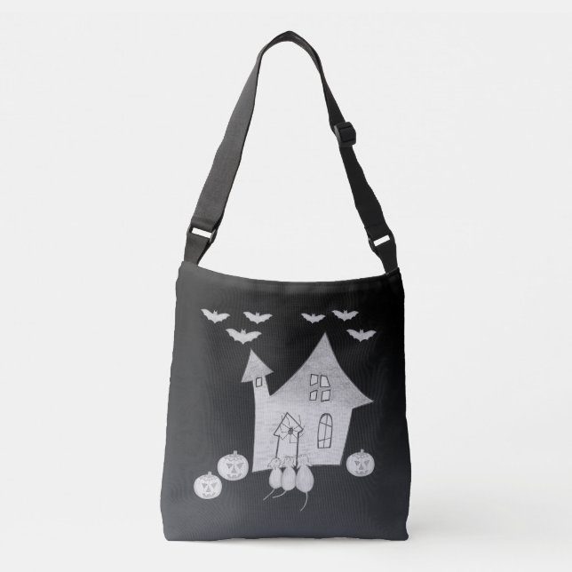 Halloween night with Haunted House, Bats, Pumpkins Crossbody Bag (Front)