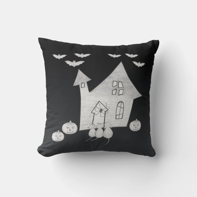 Halloween night with Haunted House, Bats, Pumpkins Cushion (Front)