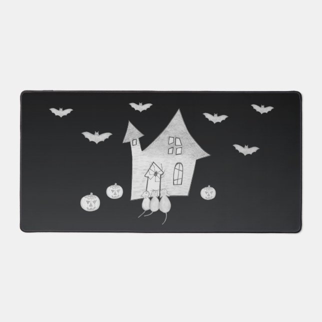 Halloween night with Haunted House, Bats, Pumpkins Desk Mat (Front)