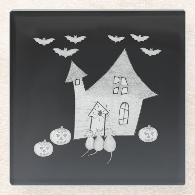 Halloween night with Haunted House, Bats, Pumpkins Glass Coaster (Front)