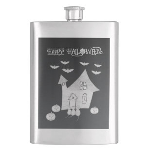 Halloween night with Haunted House, Bats, Pumpkins Hip Flask