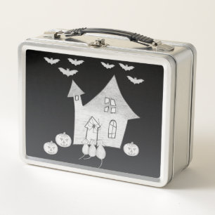 Halloween night with Haunted House, Bats, Pumpkins Metal Lunch Box