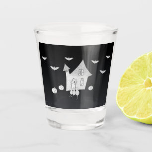 Halloween night with Haunted House, Bats, Pumpkins Shot Glass