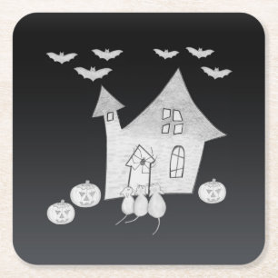 Halloween night with Haunted House, Bats, Pumpkins Square Paper Coaster