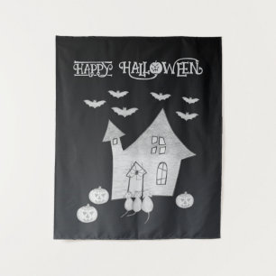 Halloween night with Haunted House, Bats, Pumpkins Tapestry