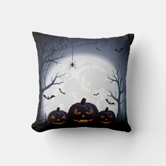 Halloween Night with Pumpkin & flying Bats Cushion (Front)