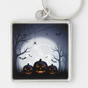 Halloween Night with Pumpkin & flying Bats Key Ring