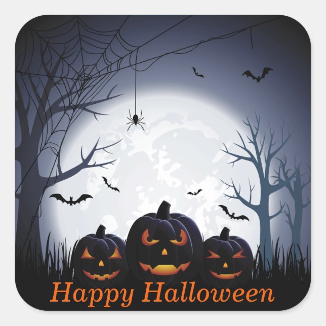 Halloween Night with Pumpkin Spider & flying Bats Square Sticker (Front)