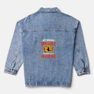 Halloween Nurse Broken Broom Witch Graphic Denim Jacket