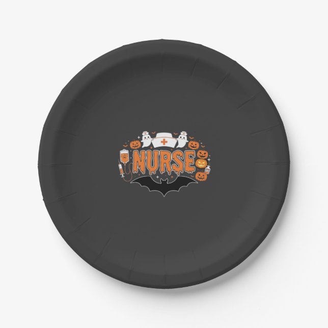Halloween Nurse Dripping Pumpkin Ghost Vector Desi Paper Plate (Front)