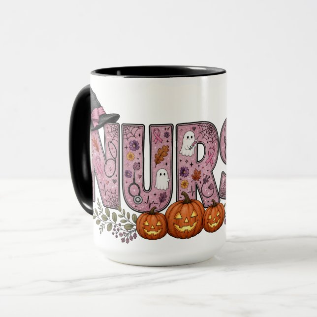 Halloween Nurse Pink Ribbon Design Mug (Front Left)