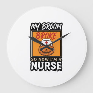 Halloween Nurse Pumpkin Broom Broke Vintage Shirt  Large Clock