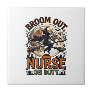Halloween Nurse Shirt Funny Witch Broom Design_1 Tile
