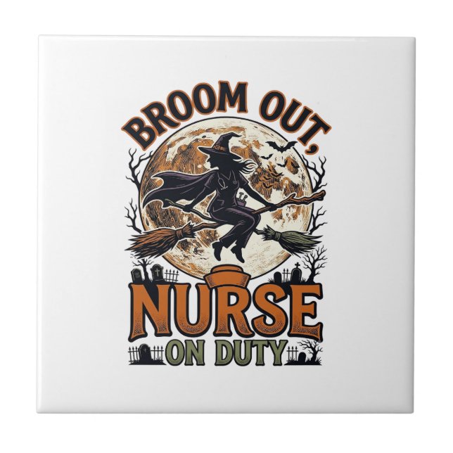 Halloween Nurse Shirt Funny Witch Broom Design_1 Tile (Front)