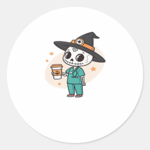 Halloween Nurse with Coffee Wearing Witches Hat Cl Classic Round Sticker
