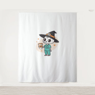 Halloween Nurse with Coffee Wearing Witches Hat Cl Tapestry