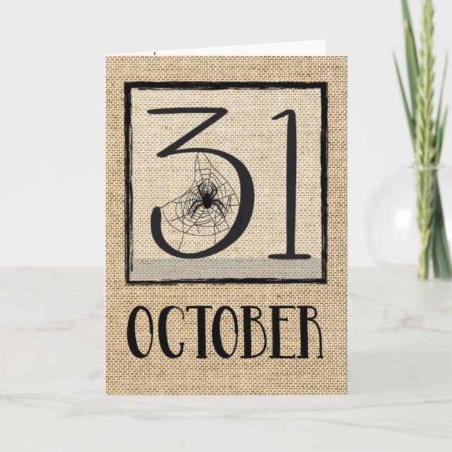Halloween October 31 Spider on Burlap Look Card (Front)