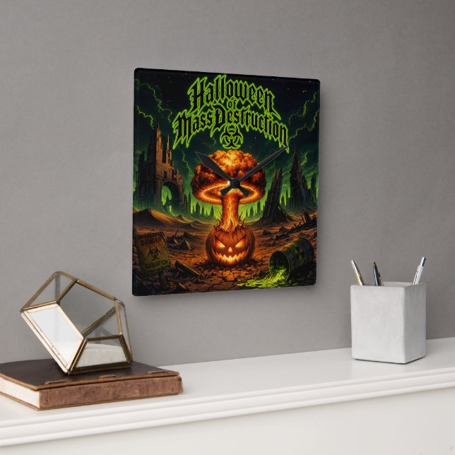 Halloween of Mass Destruction Radioactive Pumpkin  Square Wall Clock (Office)