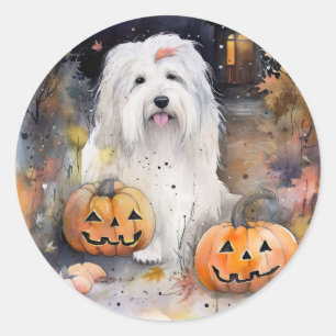 Halloween Old English Sheepdog With Pumpkins Scary Classic Round Sticker