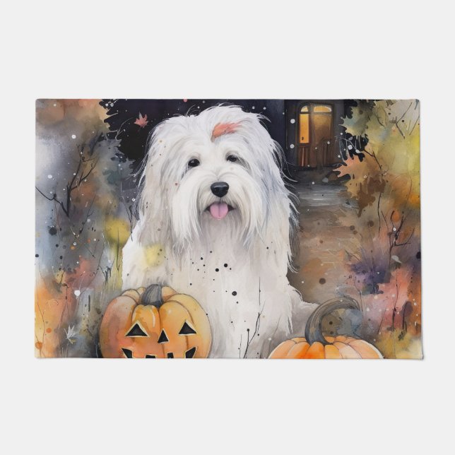 Halloween Old English Sheepdog With Pumpkins Scary Doormat (Front)