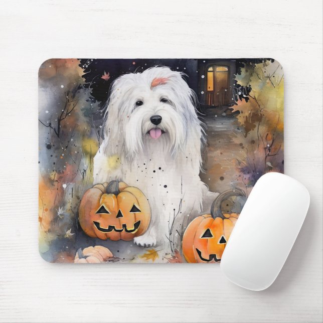 Halloween Old English Sheepdog With Pumpkins Scary Mouse Pad (With Mouse)
