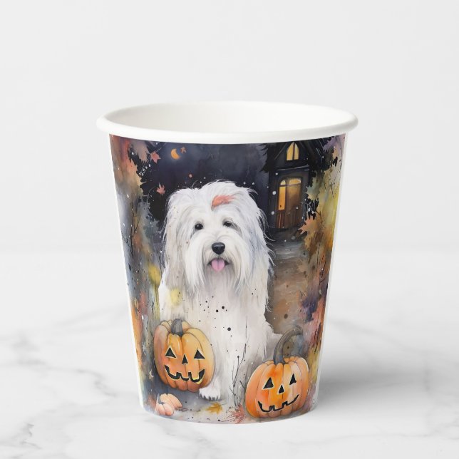Halloween Old English Sheepdog With Pumpkins Scary Paper Cups (Front)
