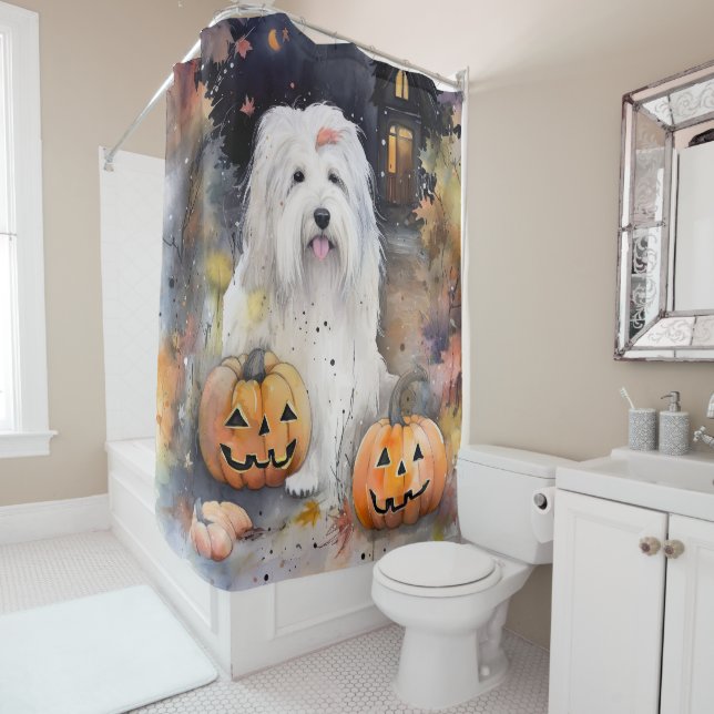 Halloween Old English Sheepdog With Pumpkins Scary Shower Curtain (In Situ)