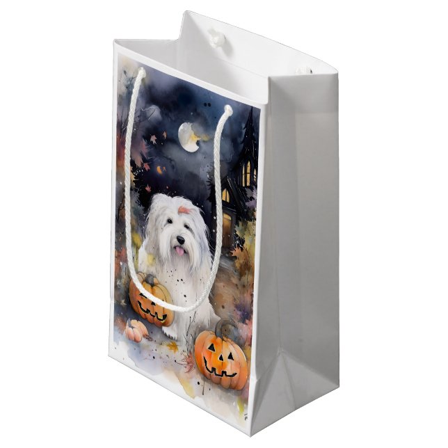 Halloween Old English Sheepdog With Pumpkins Scary Small Gift Bag (Front Angled)
