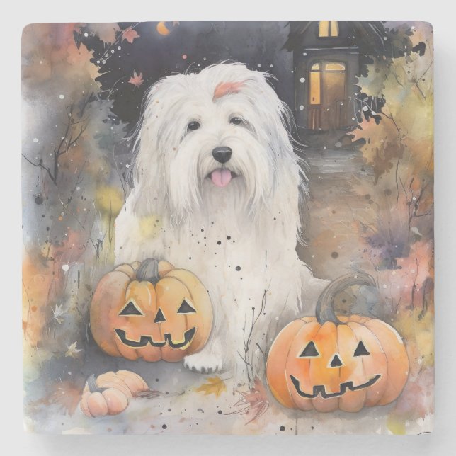Halloween Old English Sheepdog With Pumpkins Scary Stone Coaster (Front)