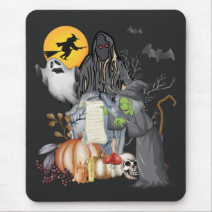 Halloween Old Witch With Ghosts And Pumpkin Mouse Pad