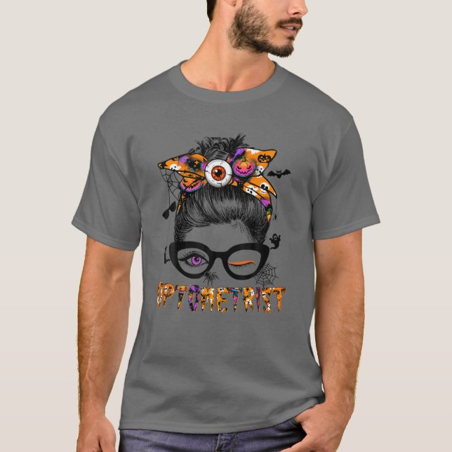 Halloween Optometrist Costume Messy Bun Hair Women T-Shirt (Front)