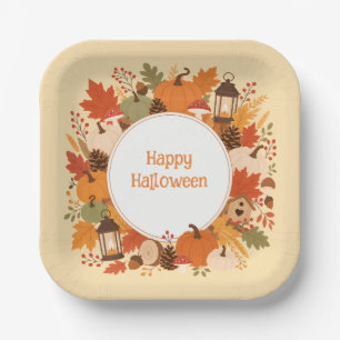 Halloween or Autumn Fall Leaves Pumpkins Paper Plate