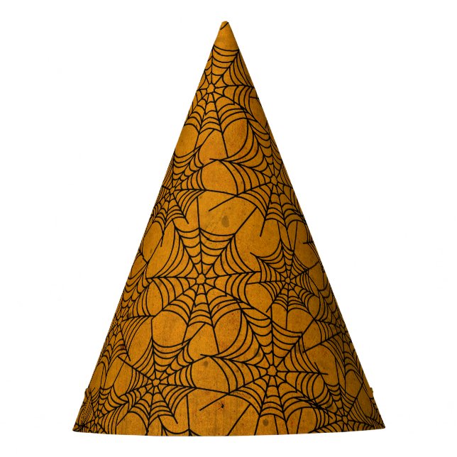 Halloween Orange and Black Grunge Cobweb Party Hat (Front)