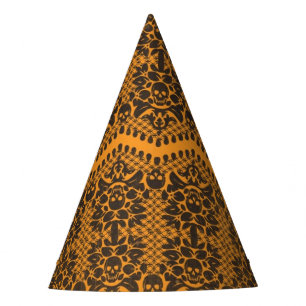 Halloween Orange and Black Skull Lace Party Hat