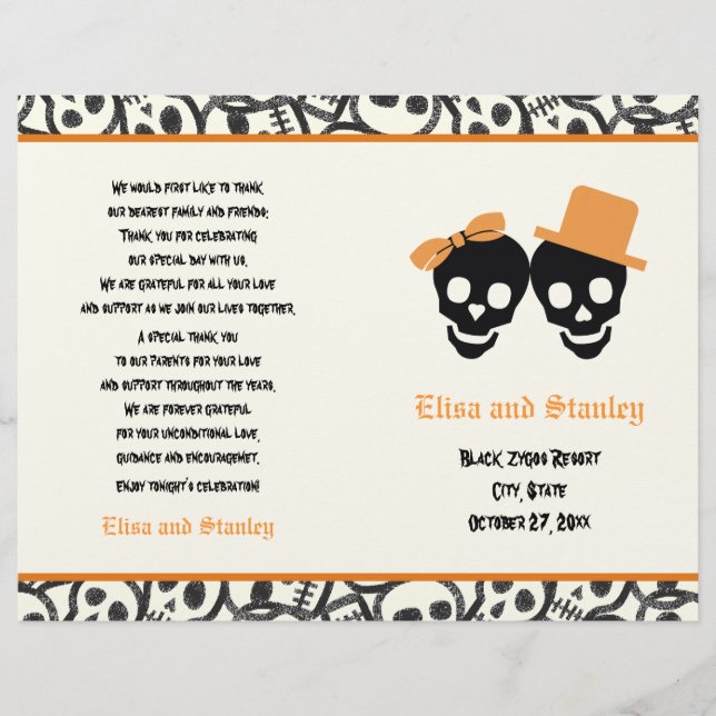 Halloween orange and black skull wedding program (Front)