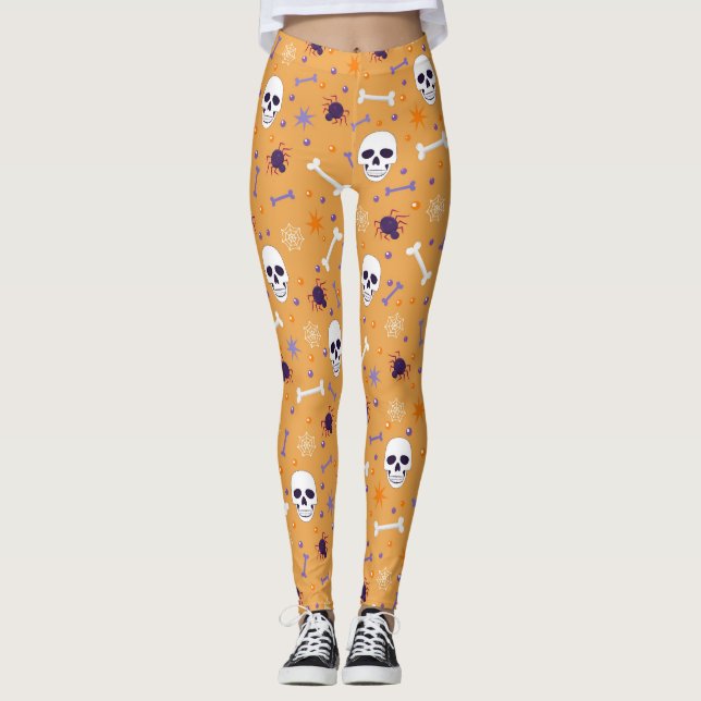 Halloween Orange and Skulls, Bones, Spiders & Web Leggings (Front)