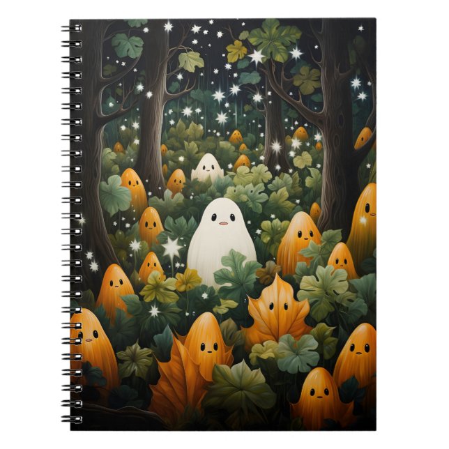 Halloween Orange And White Ghost In The Forest Notebook (Front)