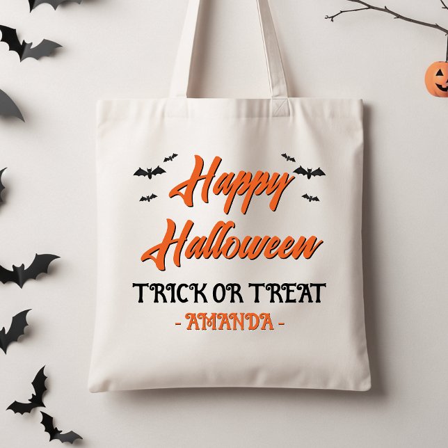 Halloween Orange Black Bats Trick Or Treat Tote Bag (Personalized Trick Or Treat Tote Bag, Orange Black Halloween Tote Bag, Black Bats Halloween Tote  )