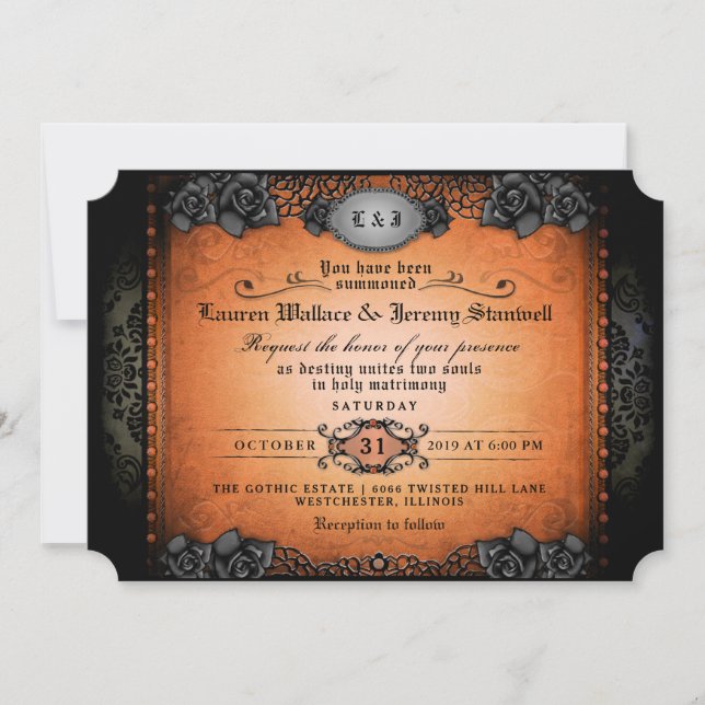 Halloween Orange Black Roses Gothic Wedding Invite (Front)