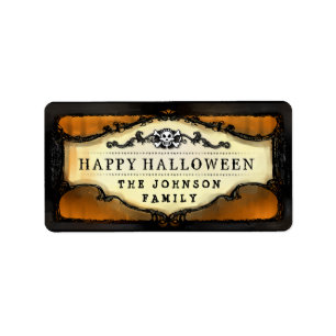 Halloween Orange & Black Skull Custom Treat Labels