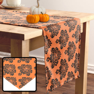 Halloween Orange Black Skull Damask Table Runner