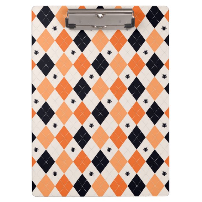 Halloween Orange & Black Spider Argyle Pattern Clipboard (Front)