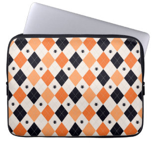 Halloween Orange & Black Spider Argyle Pattern Laptop Sleeve