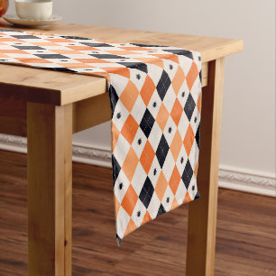 Halloween Orange & Black Spider Argyle Pattern Medium Table Runner