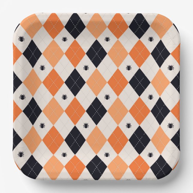Halloween Orange & Black Spider Argyle Pattern Paper Plate (Front)