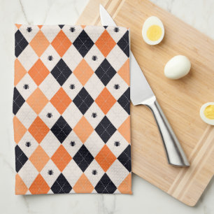 Halloween Orange & Black Spider Argyle Pattern Tea Towel