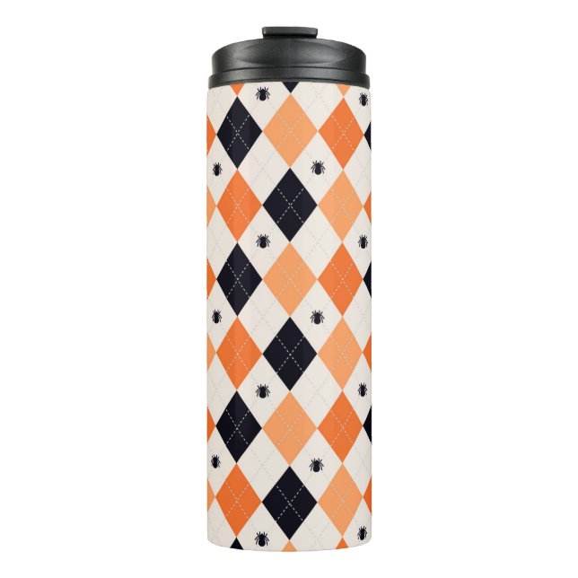 Halloween Orange & Black Spider Argyle Pattern Thermal Tumbler (Front)